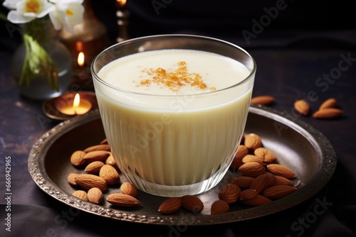 close-up view of badam milk garnished with almonds