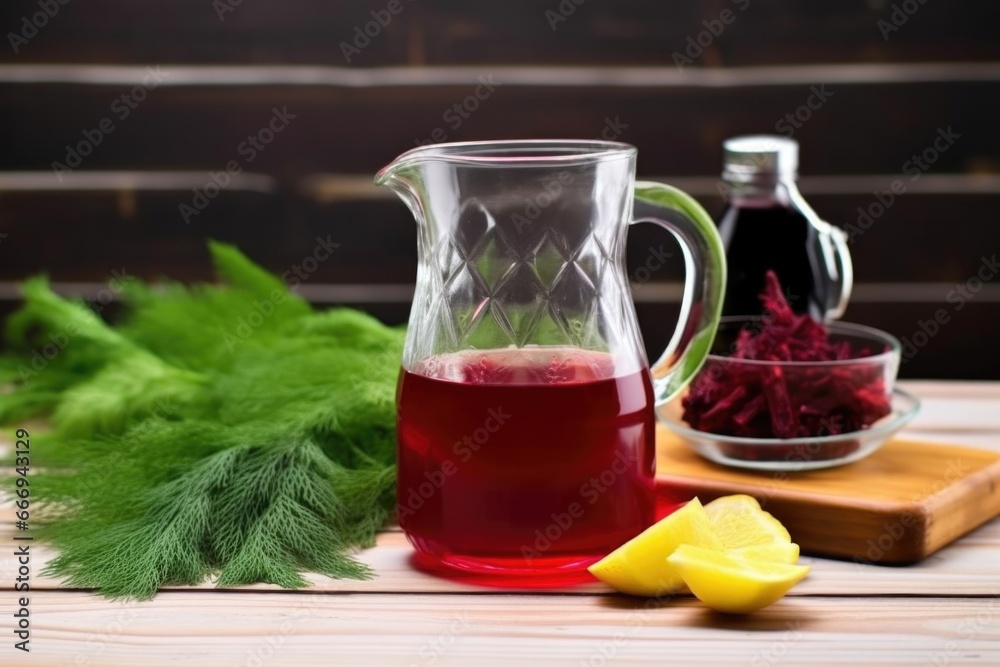 hand beetroot on a chopping board, glass jug of kvass nearby hand beetroot on a chopping board, glass jug of kvass nearby