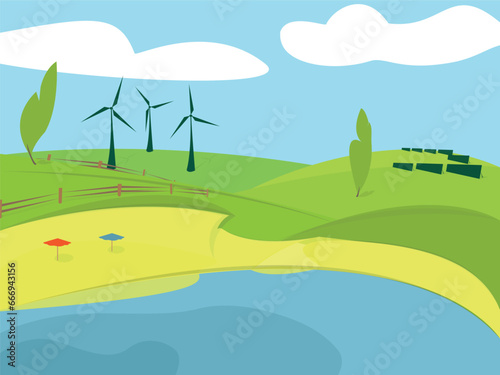 green  sun energy and wind power, generates electricity with wind turbines and sun panels. Clean energy and environmentally friendly alternative source