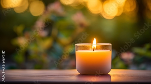 A close-up of a flickering candle in a peaceful setting