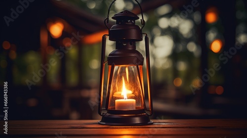 A close-up of a flickering candle in a lantern