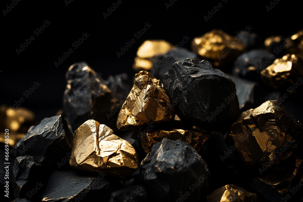 Golden nuggets on black charcoal, closeup, aesthetic look