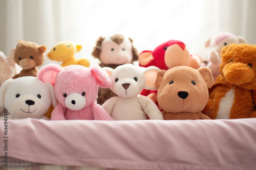 collection of soft, stuffed animals on a baby crib
