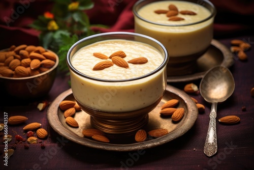 vegan kheer in a glass bowl decorated with almonds