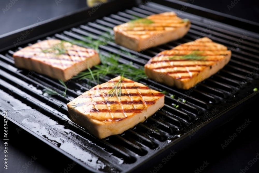 grilled tofu steaks with char marks on a black griddle grilled tofu steaks with char marks on a black griddle