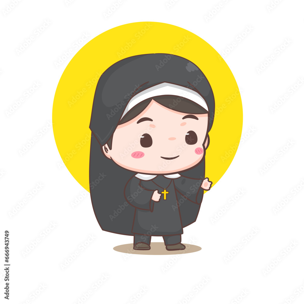 Cute nun cartoon character. Christian and catholic religion concept design. Profession illustration. Adorable chibi style vector Cute nun cartoon character. Christian and catholic religion concept design. Profession illustration. Adorable chibi style vector