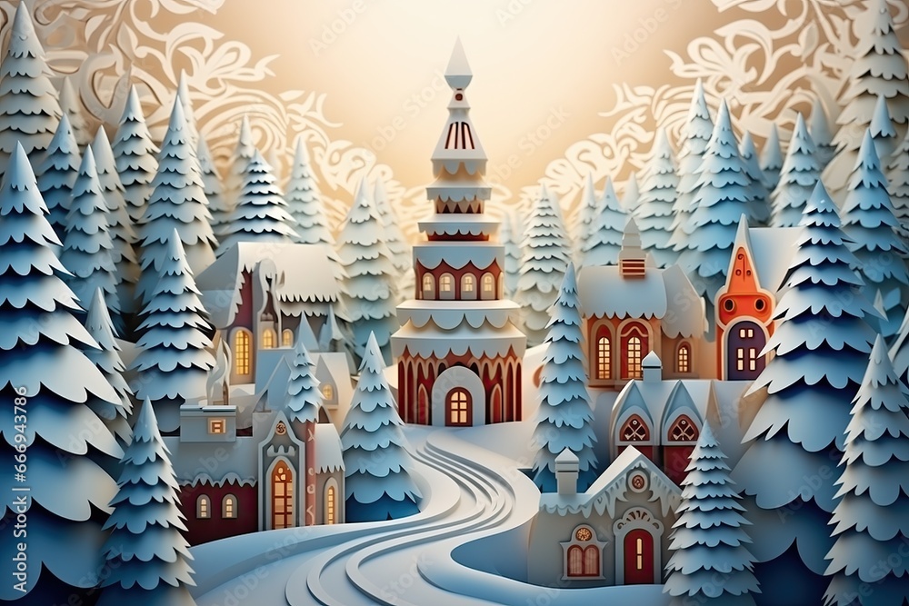 Christmas village with cute houses. Happy new year and merry christmas. Generative Ai Art. Winter forest. - obrazy, fototapety, plakaty 