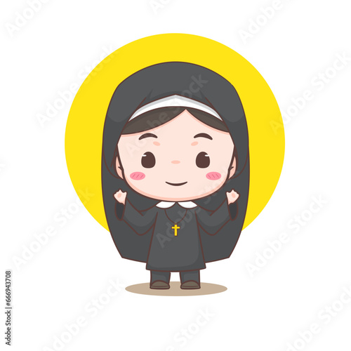 Cute nun cartoon character. Christian and catholic religion concept design. Profession illustration. Adorable chibi style vector