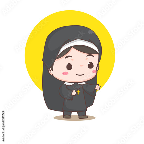 Cute nun cartoon character. Christian and catholic religion concept design. Profession illustration. Adorable chibi style vector