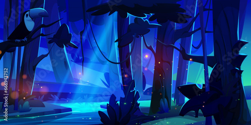 Night dark jungle forest with tropical tree vector. Spooky fantasy stream or river in rainforest with firefly, toucan and vine above moonlight. Magic glowworm light halloween wallpaper woods scene