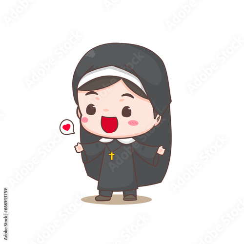Cute nun cartoon character. Christian and catholic religion concept design. Profession illustration. Adorable chibi style vector