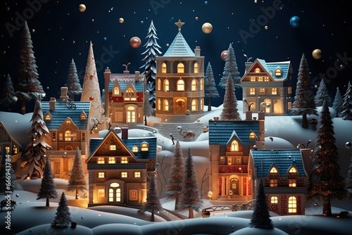 Christmas village with cute houses. Happy new year and merry christmas. Generative Ai Art. Winter forest.
