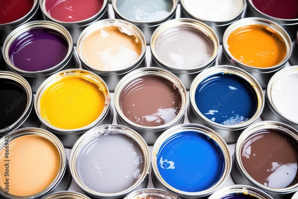 overhead view of paint cans and color swatches overhead view of paint cans and color swatches