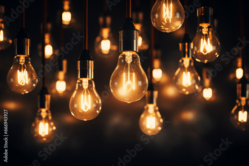 Glowing light bulbs in dark room, aesthetic look