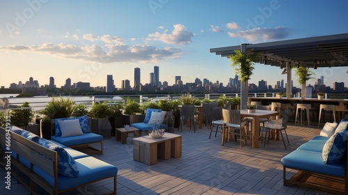 A chic rooftop bar with city skyline views photo