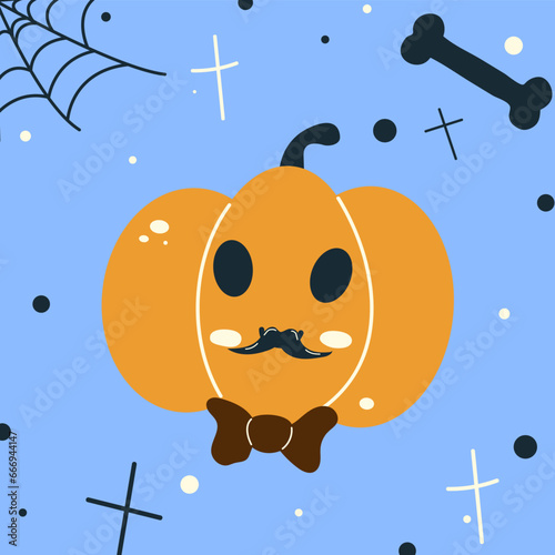Halloween gentleman pumpkin face - with mustache and bow tie Jack o lantern, autumn holidays banner. Jack o lantern icon emotion. Vector illustration.