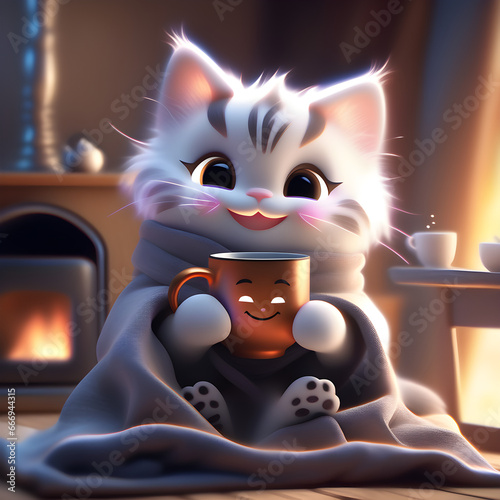 cute fluffy kitty, smiling, sitting in a rocking chair, wrapped in a blanket, holding a mug of tea in his paws, a fireplace, smiling bright auras of light in the background, generative ai, 인공지능, 생성형, 