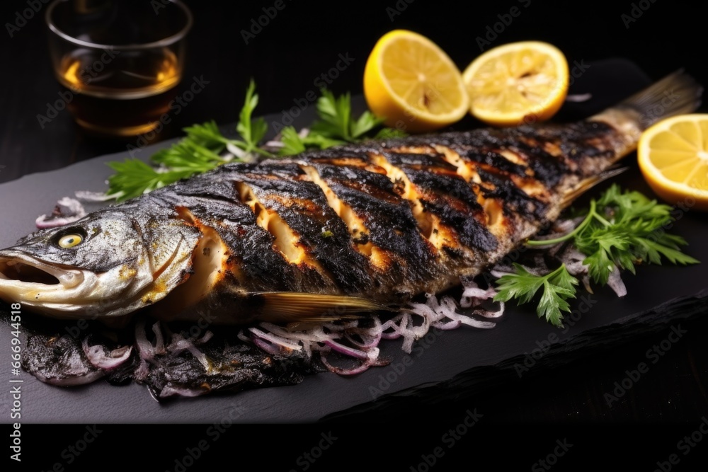 grilled sea bass with dark charred skin on a black plate grilled sea bass with dark charred skin on a black plate