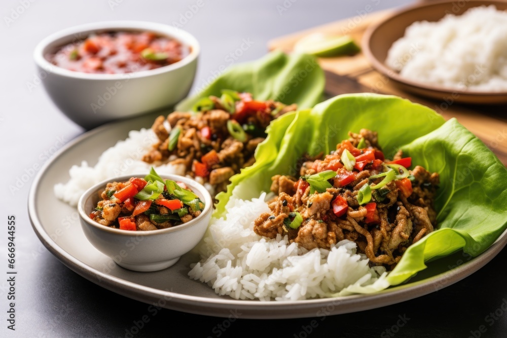 turkey lettuce wraps with a side of steamed rice turkey lettuce wraps with a side of steamed rice
