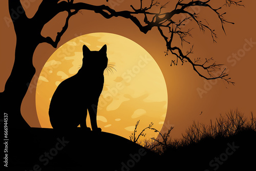 Imagine a Halloween activity background with a clean  stark black cat silhouette against a gray moon.