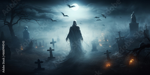 Halloween banner featuring a spooky ghostly figure floating in a misty graveyard