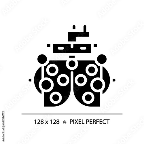 2D pixel perfect glyph style phoropter icon, isolated simple vector, silhouette illustration representing eye care.