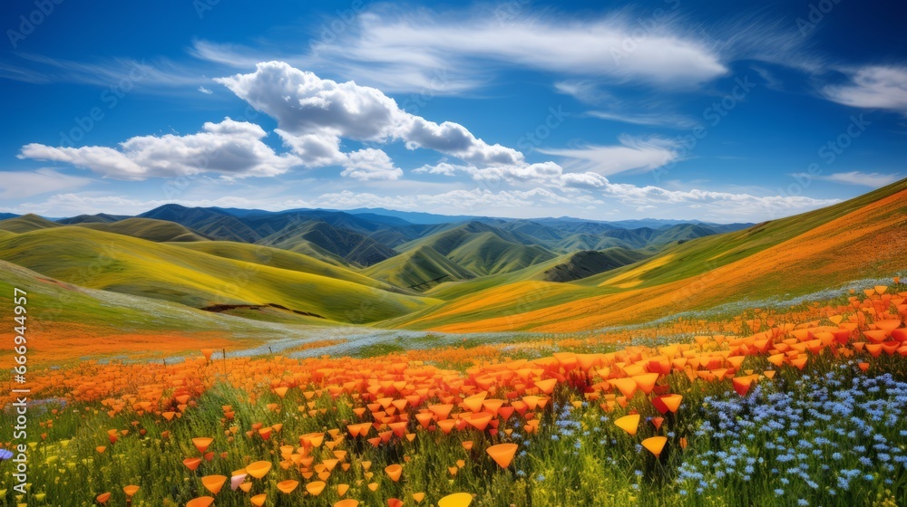 Rolling hills covered in vibrant, blooming wildflowers