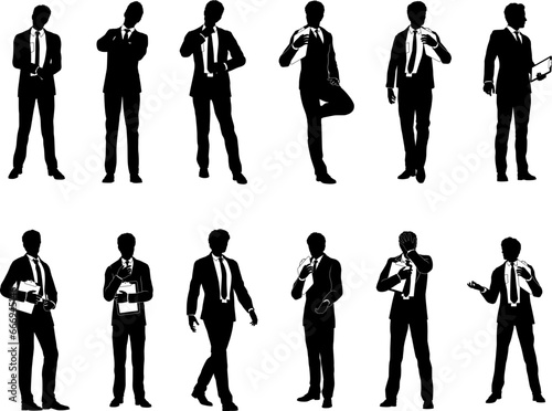 Silhouette business people set. Smartly dressed men in suits and ties, some with clipboards.