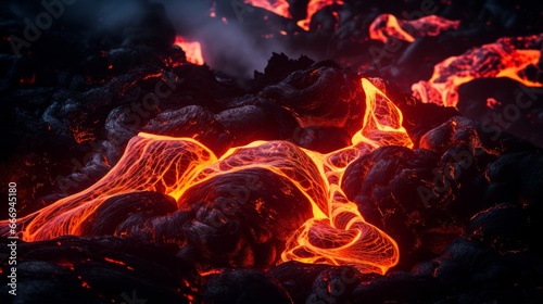 Glowing lava flows in a volcanic eruption