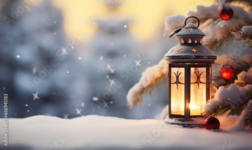christmas lantern with fir branch and decoration on snowy table defocused background
