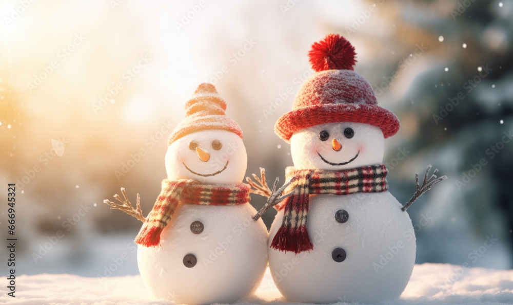 Close up couple Happy snowman standing in winter christmas landscape Close up couple Happy snowman standing in winter christmas landscape