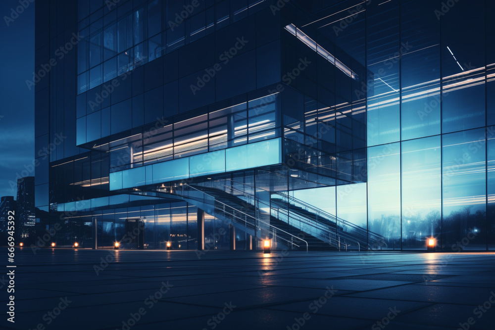 futuristic office building at night, blue toned image, aesthetic look