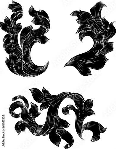 A set of crest or coat of arms filigree scroll heraldic or heraldry floral pattern designs. Like those from a medieval baroque royal crest, in a woodcut etching style