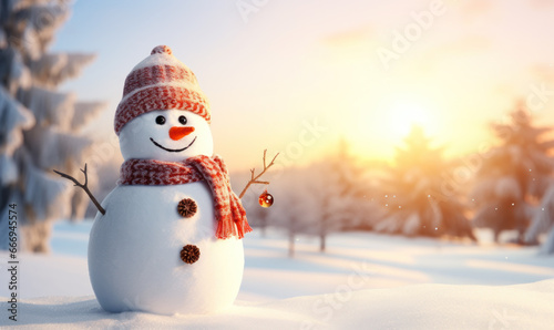 Happy snowman standing in winter christmas landscape © Vodkaz
