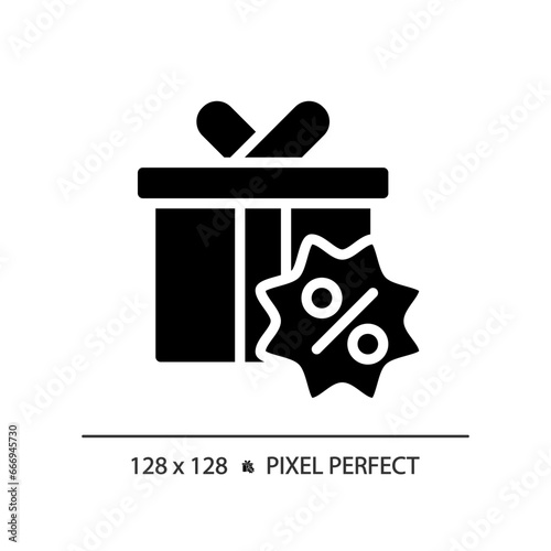 2D pixel perfect glyph style gift hamper icon, isolated black vector, silhouette illustration representing discounts.