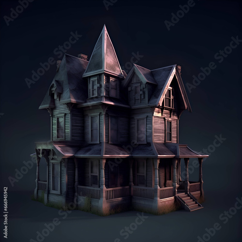 3D render of an old haunted house on a dark background. photo