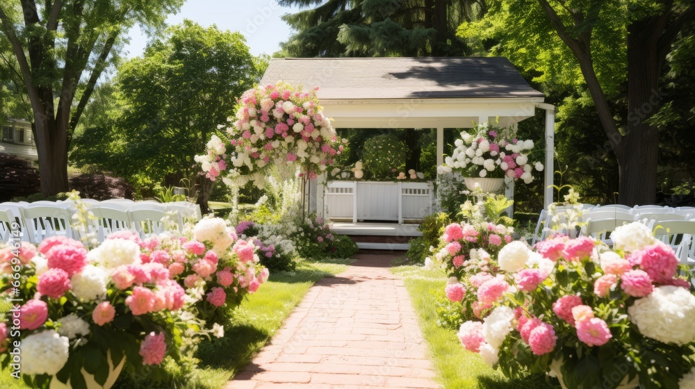 Backyard garden wedding with blooming flowers