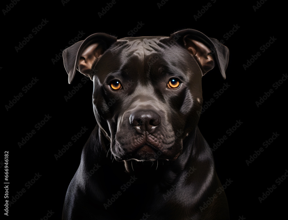 Portrait eines Pitbulls, American Pit Bull Terrier vor schwarzem Hintergrund, Hund, erstellt mit generativer KI