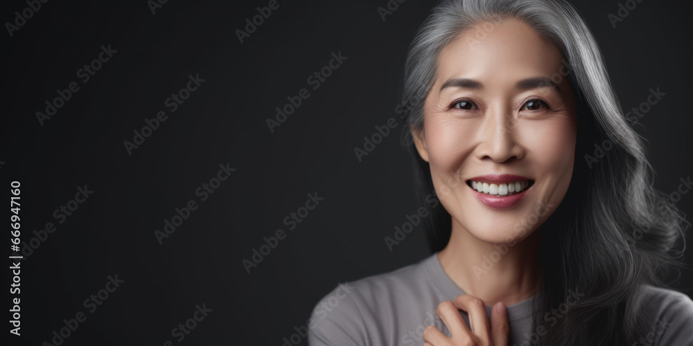 Beautiful aging mature asian woman with long gray hair and happy smiling. AI Generative Beautiful aging mature asian woman with long gray hair and happy smiling. AI Generative