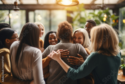 group of friends or family members sharing a collective hug, symbolizing unity and togetherness. Ensure there's space for well-wishes or event details. Photo with copy space