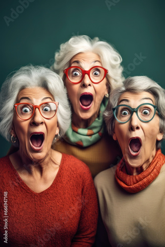 Funny portrait of three senior shocked women looking at camera keeping mouth open. Sudden incredible news reaction wow. Generative AI.
