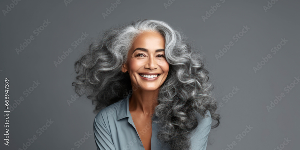. Gorgeous aging mature woman with long gray hair and happy smiling. AI Generative . Gorgeous aging mature woman with long gray hair and happy smiling. AI Generative