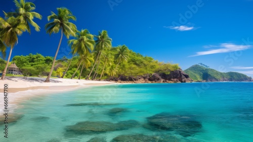 A tropical beach with palm trees and clear blue waters © Cloudyew