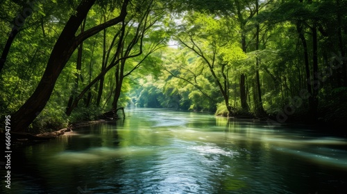 A tranquil river with a canopy of lush green trees © Cloudyew