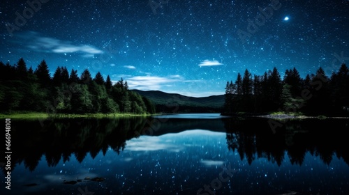 A tranquil lake with stars reflected on the surface