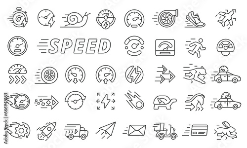 Speed icons set in line design. Fast, Speedometer, Rapid, Quick, Slow, Low speed, Run, Velocity, Turbo, Arrows, Quickness, High speed vector illustrations. Editable stroke icons