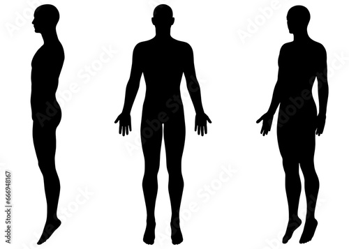 男性の人体のシルエット　全身正面と横向きと斜め前向き 後ろ姿のイラストセット　　　　 photo