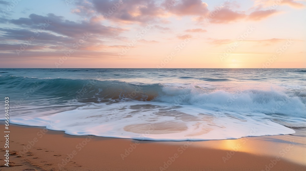 A tranquil beach sunrise with gentle waves