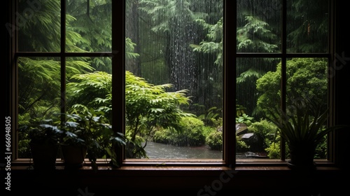 A soothing rainstorm seen from a cozy window