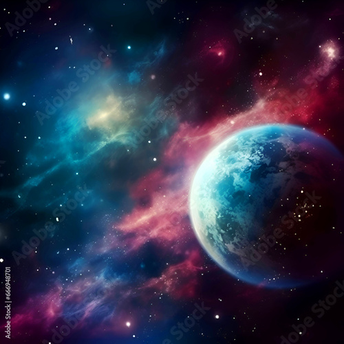 Space background with nebula and planet. Elements of this image furnished by NASA